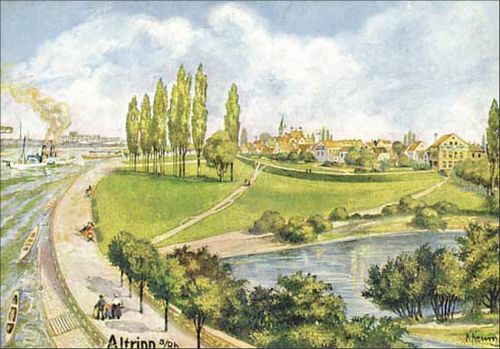 Eine von vielen alten Ansichtskarten von Altrip. Die Karte wurde vor 1908 aufgelegt und im Oktober 1926 verschickt. Sie zeigt eine Ortsansicht der Rheingemeinde von der Fähre aus.