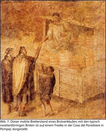 Abb. 7: Dieser mobile Bretterstand eines Brotverkäufers mit den typisch  rosettenförmigen Broten ist auf einem Fresko in der Casa del Panettiere in Pompeji dargestellt.