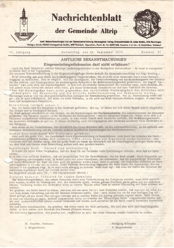 Nachrichtenblatt der Gemeinde Altrip | 11. Jahrgang | Donnerstag, den 10. September 1970 | Nummer 37 | AMTLICHE BEKANNTMACHUNGEN | Eingemeindungsdiskussion darf nicht erlahmen! 