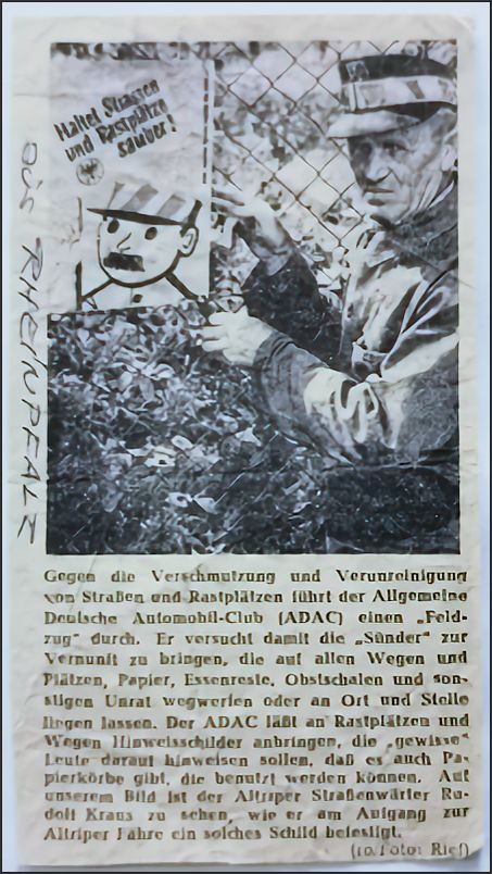 Bericht in der Tageszeitung „DIE RHEINPFALZ“ aus dem Jahr 1961 über die Aktion, „Haltet Straßen und Rastplätze sauber!" des ADAC, bei Dir auch Rudolf Kraus beteiligt war,