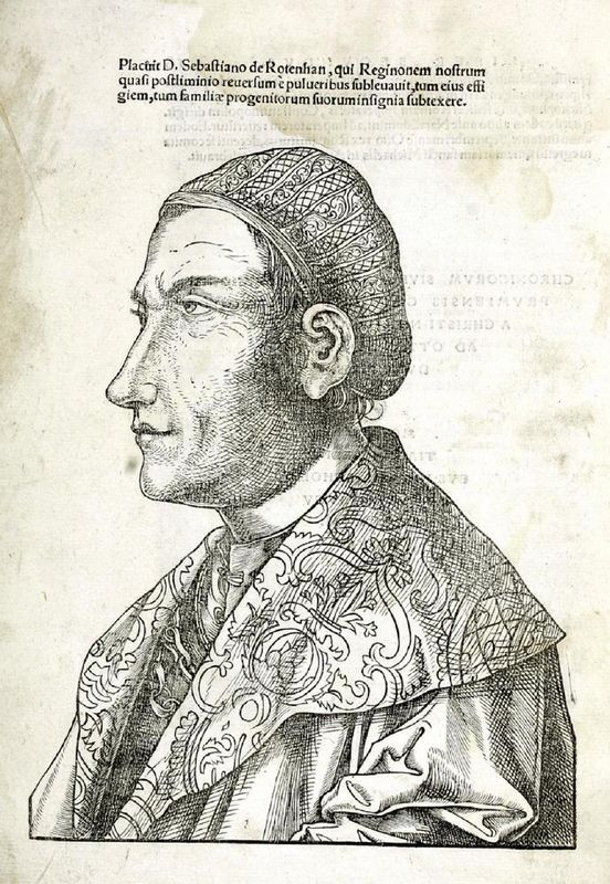 Regino von Prüm, Fiktives Porträt aus dem Erstdruck der Chronik des Regino von Prüm, Holzschnitt, 1521. (Stadtbilbiothek Trier 001-0487 4° a fol. 58v)