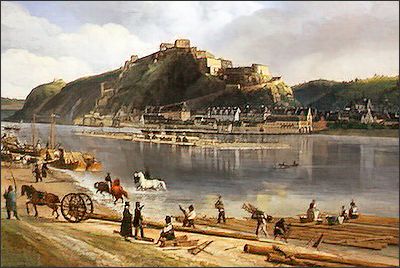 Rheinflöße bei der Festung Ehrenbreitstein (Koblenz) | Ausschnitt eines Gemäldes von Johann Adolf Lasinsky aus dem Jahr 1828