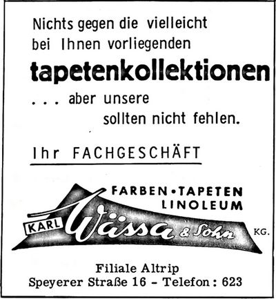 Karl Wässa & Sohn (Nachrichtenblatt der Gemeinde Altrip | 12. Oktober 1967)
