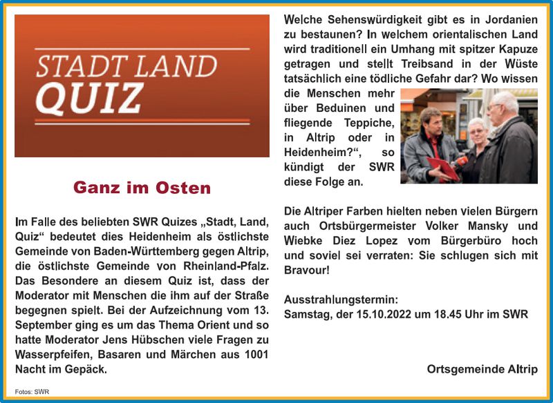 STADT LAND QUIZ - Ganz im Osten (Quelle: AMTSBLATT Verbandsgemeinde Rheinauen, Ausgabe 41 / 14. Oktober 2022)