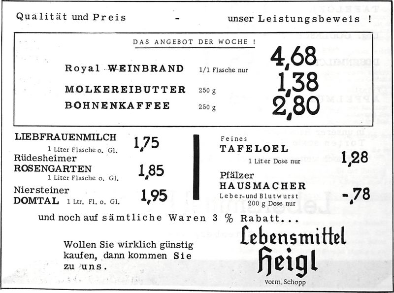 Lebensmittel Heigl (Quelle: Nachrichtenblatt der Gemeinde Altrip, 18. Oktober 1962)
