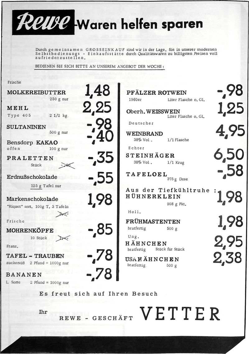 REWE GESCHÄFT VETTER (Quelle: Nachrichtenblatt der Gemeinde Altrip, Oktober 1962)