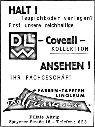 Karrl Wässa & Sohn (Nachrichtenblatt der Gemeinde Altrip | Donnerstag, den 9. November 1967 | 8. Jahrgang - Nummer 45)