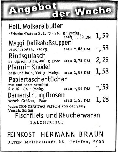 FEINKOST HERMANN BRAUN   |   Nachrichtenblatt der Gemeinde Altrip | Donnerstag, den 11. Januar 1973 | 14. Jahrgang - Nummer 1 / 2