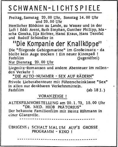 SCHWANEN-LICHTSPIELE   |   Nachrichtenblatt der Gemeinde Altrip | Donnerstag, den 11. Januar 1973 | 14. Jahrgang - Nummer 1 / 2