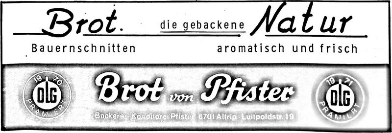 Bäckerei Pfister (Nachrichtenblatt der Gemeinde Altrip | Donnerstag, den 1. März 1973 | 14. Jahrgang - Nummer 9)