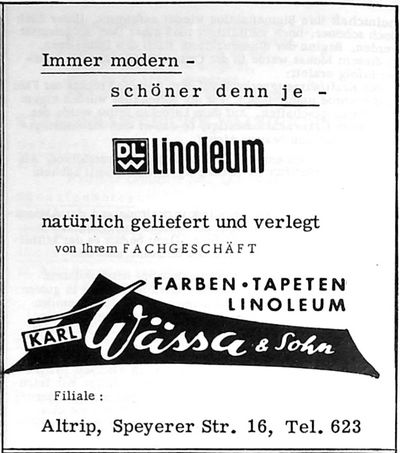 KARL Wässä & Sohn FARBEN TAPETEN LINOLEUM (Nachrichtenblatt der Gemeinde Altrip | Donnerstag, den 25. April 1963 | 4. Jahrgang - Nummer 17)