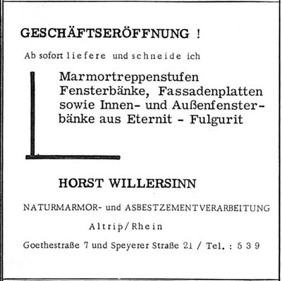 HORST WILLERSINN NATURMARMOR- und ASBESTZEMENT VERARBEITUNG (Nachrichtenblatt der Gemeinde Altrip | Donnerstag, den 25. April 1963 | 4. Jahrgang - Nummer 17)