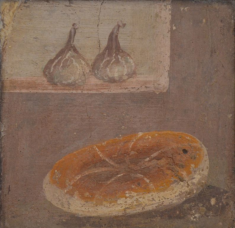 Fresko mit Darstellung eines Brotes und zweier Feigen aus Pompeji (Museo archeologico nazionale di Napoli)