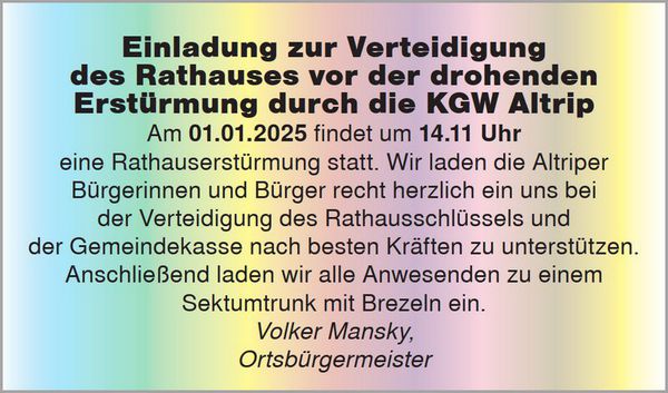Einladung zur Verteidigung des Rathauses am 1. Januar 2025